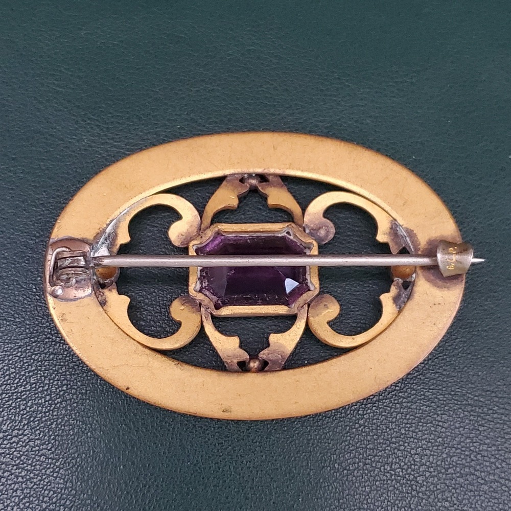 VTG Oval Brooch Sash Pin Brass Purple Emerald Cut Stone Art Nouveau Victorian - Picture 5 of 6